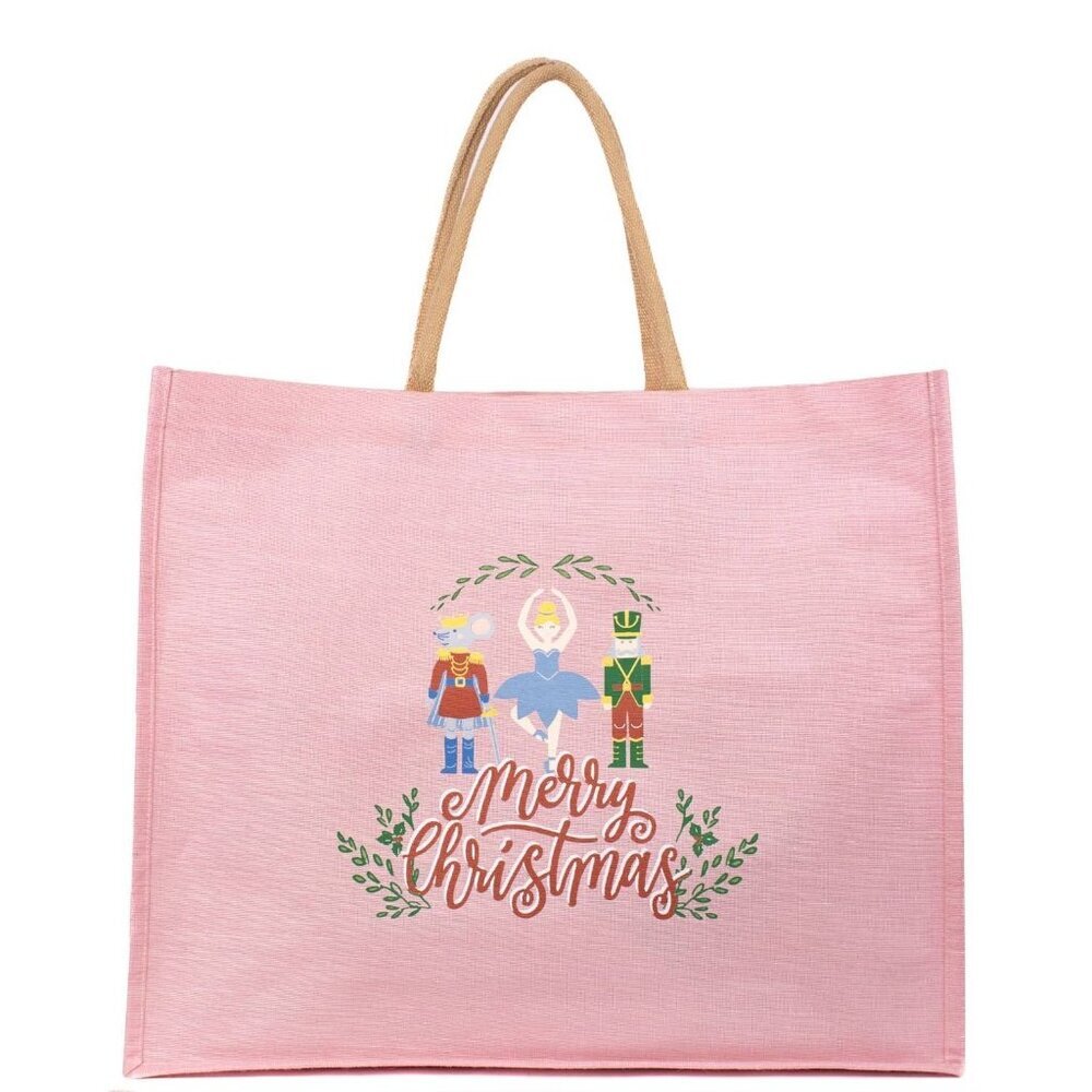Merry Christmas Waltz Juco Carryall Tote   Light Pink/Multi   22x19x8